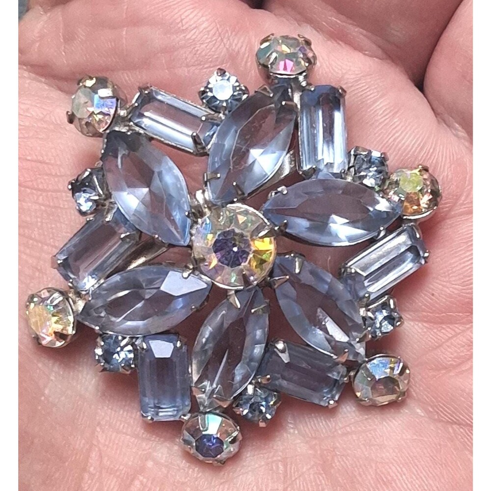 Vintage Juliana Style Brooch Blue Rhinestone Flower D&E Open Back Stones